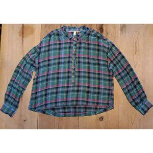 Anthropologie Pilcro Women M Cropped Puff Sleeve Soft Crinkle Green Plaid Fringe